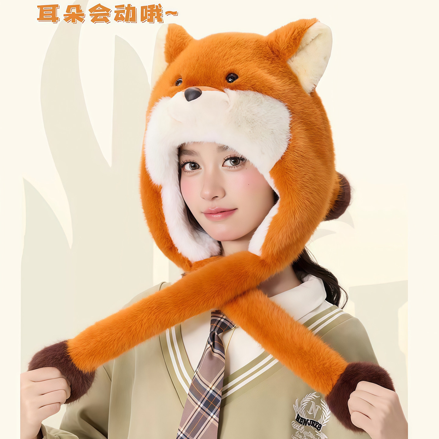 红火狐狸玩偶套头帽子抖音卡通可爱会动的耳朵保暖女冬季儿童成人