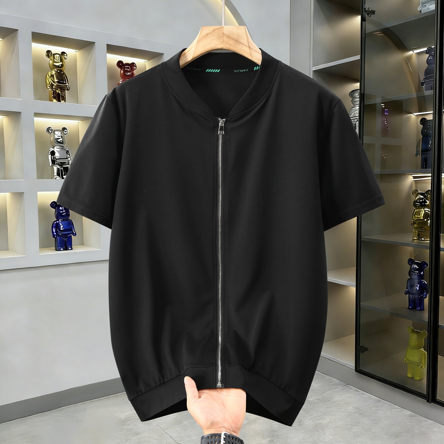 夏季黑色短袖拉链开衫男潮流速干宽松加肥加大码棒球服T恤半截袖