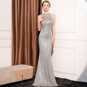 一半盛装 2026银色晚礼服挂脖亮片轻奢小众主持人订婚领证鱼尾长裙