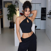 欧美瑜伽背心女运动健身上衣新款 含胸垫裹胸系脖高弹健身衣