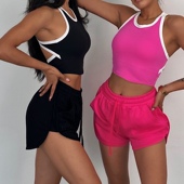 akiyo studio欧美火龙果色松紧腰系带口袋弧形边糖果色跑步运动