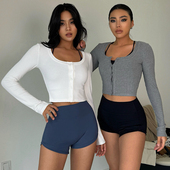 akiyo 上衣 T恤开衫 studio欧美性感辣妹大圆领单排扣修身 显瘦长袖