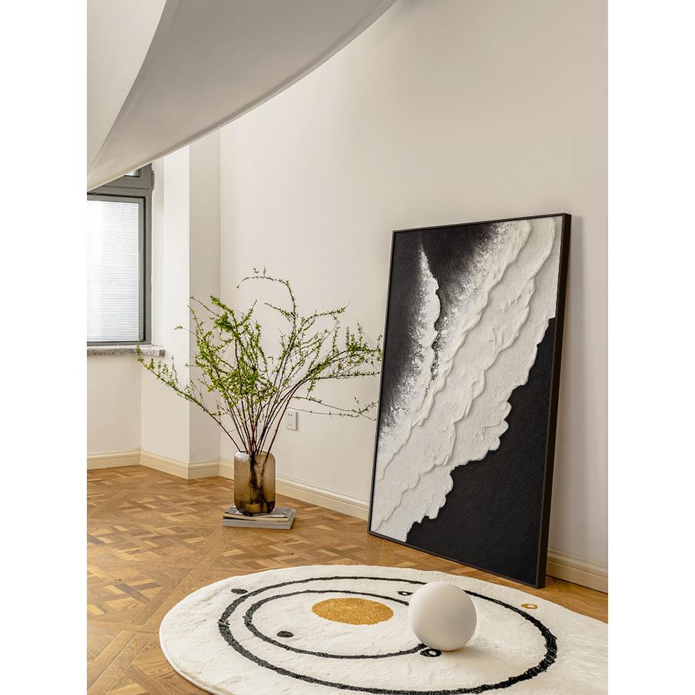 黑白客厅装饰画Normcore艺术沙发背景墙地板画抽象波入口餐厅挂画