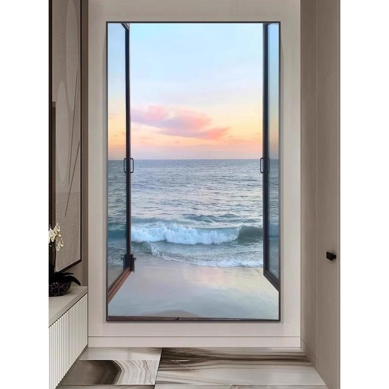 新大海沙滩高级壁画假门空间延伸感类实景窗户装饰画海浪玄关挂画