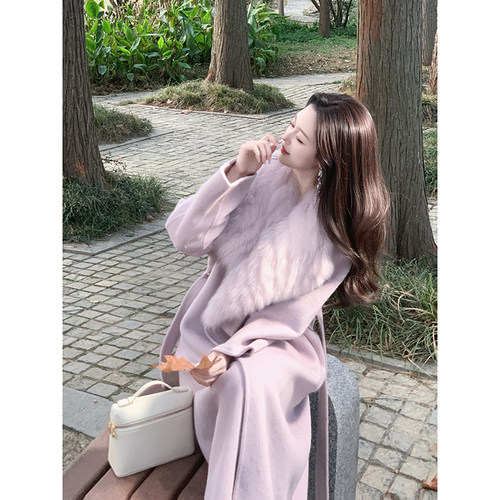 大翻领紫色双面羊毛毛呢女大衣