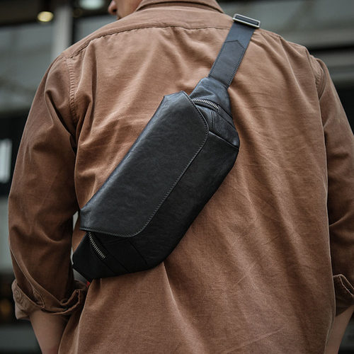 原创真皮男士通勤单肩斜挎胸包city walk潮牌运动腰包随身手机包