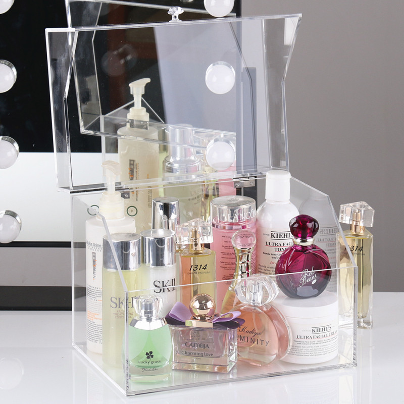 化妆品收纳盒梳妆台亚克力香水收纳箱翻盖透明防尘护肤品欧式简约