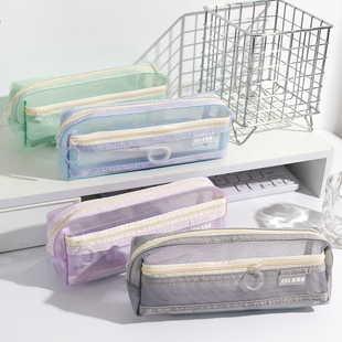 网纱笔袋双层透明立体文具袋大容量学生考试专用铅笔袋ins高颜值