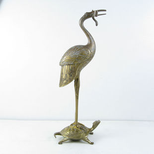 日本回流铜件旧器工艺品摆摄影古玩二手货 黄铜龟鹤烛台 AH59