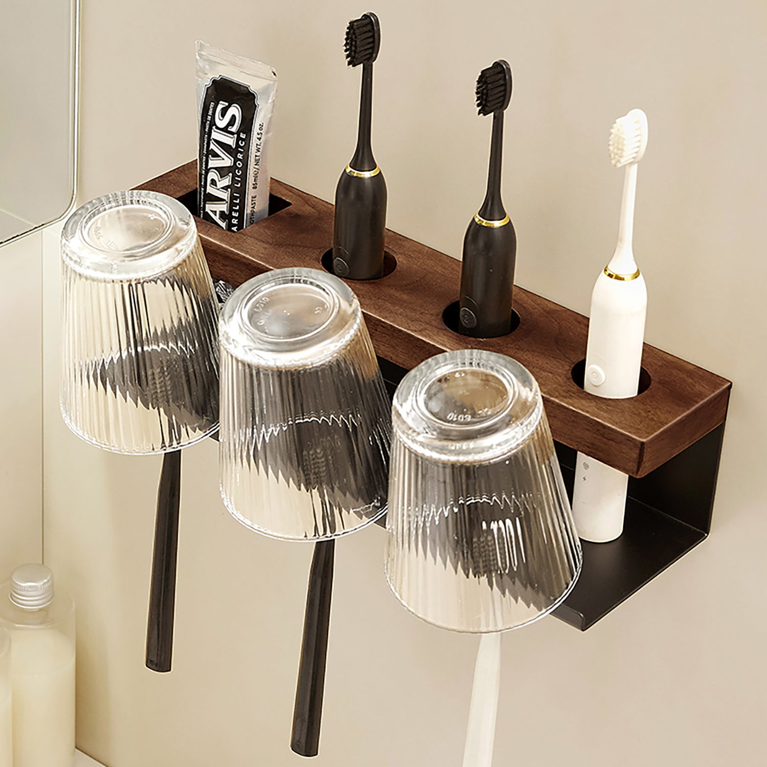 胡桃木中古风免打孔牙刷架纸巾盒