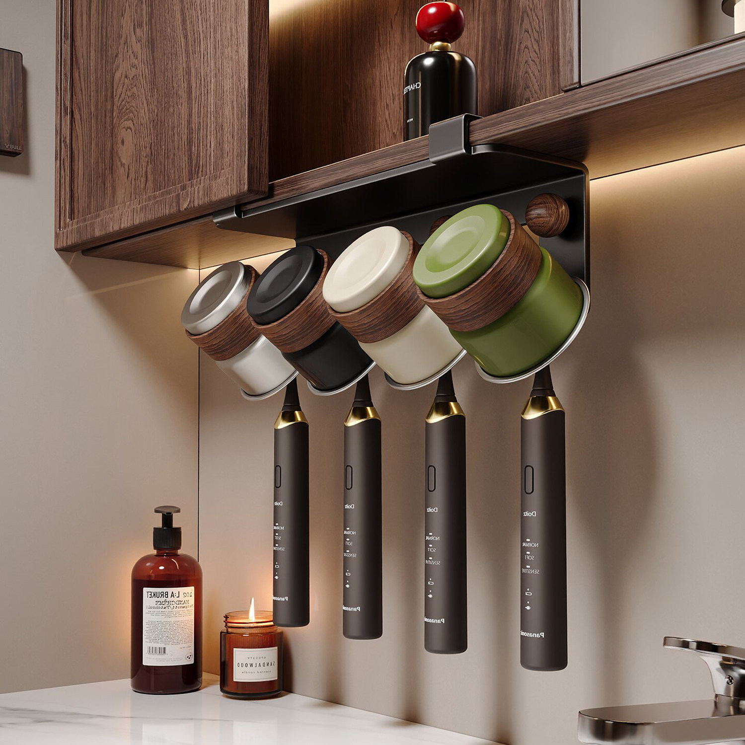 免打孔牙刷置物架倒挂中古风浴室洗漱台镜柜下刷牙漱口杯收纳架子