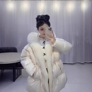 2025冬季新款90白鹅绒狐狸毛领醋酸缎面中长款皮草羽绒服保暖