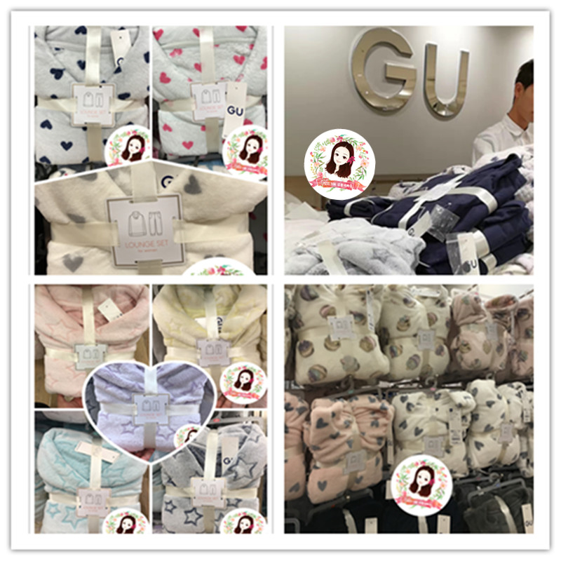 日本正品代购 日本gu品牌两件套珊瑚绒法兰绒秋冬居家服套装