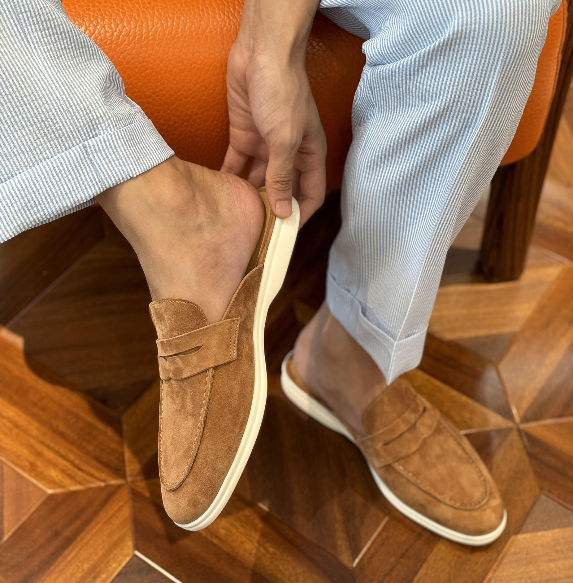 LP进口羊反绒面平底一脚蹬乐福鞋半拖穆勒鞋男休闲舒适勃肯鞋拖鞋