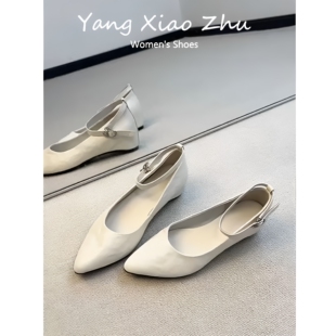 羊皮版~复古风尖头浅口单鞋女脚腕扣带内增高气质通勤百搭玛丽珍