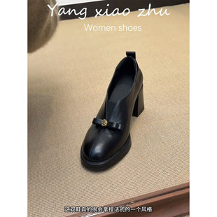 牛皮版~英伦风真皮乐福鞋女黑色圆头高跟皮鞋一脚蹬通勤春款单鞋