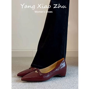 羊皮版~法式尖头浅口内增高单鞋女蝴蝶结气质百搭不累脚玛丽珍鞋