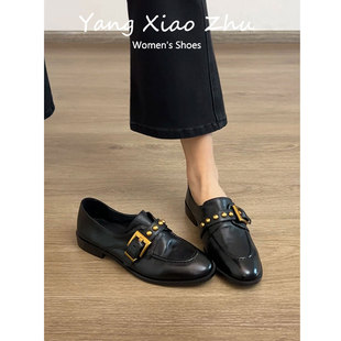 复古老钱风小皮鞋 女圆头低跟百搭单鞋 英伦风金属扣乐福鞋 牛皮版