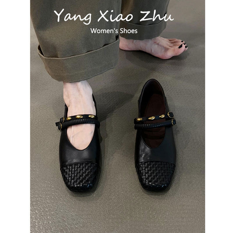 羊皮版~法式编织玛丽珍鞋女2025新款气质绝美浅口平底黑色小单鞋