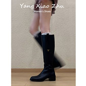 牛皮版 长筒靴黑色靴子绝美长靴女 粗跟高筒骑士靴女2025秋冬新款