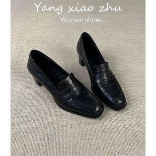 牛皮~英伦风复古乐福鞋女黑色方头粗跟一脚蹬气质小皮鞋春款单鞋