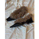 复古一脚蹬粗跟毛毛单鞋 羊皮 女2025新款 高级感小方头小皮鞋 法式