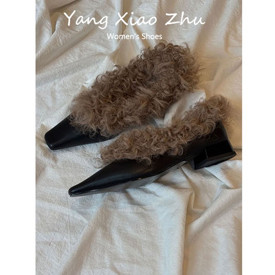 羊皮~法式高级感小方头小皮鞋女2025新款复古一脚蹬粗跟毛毛单鞋