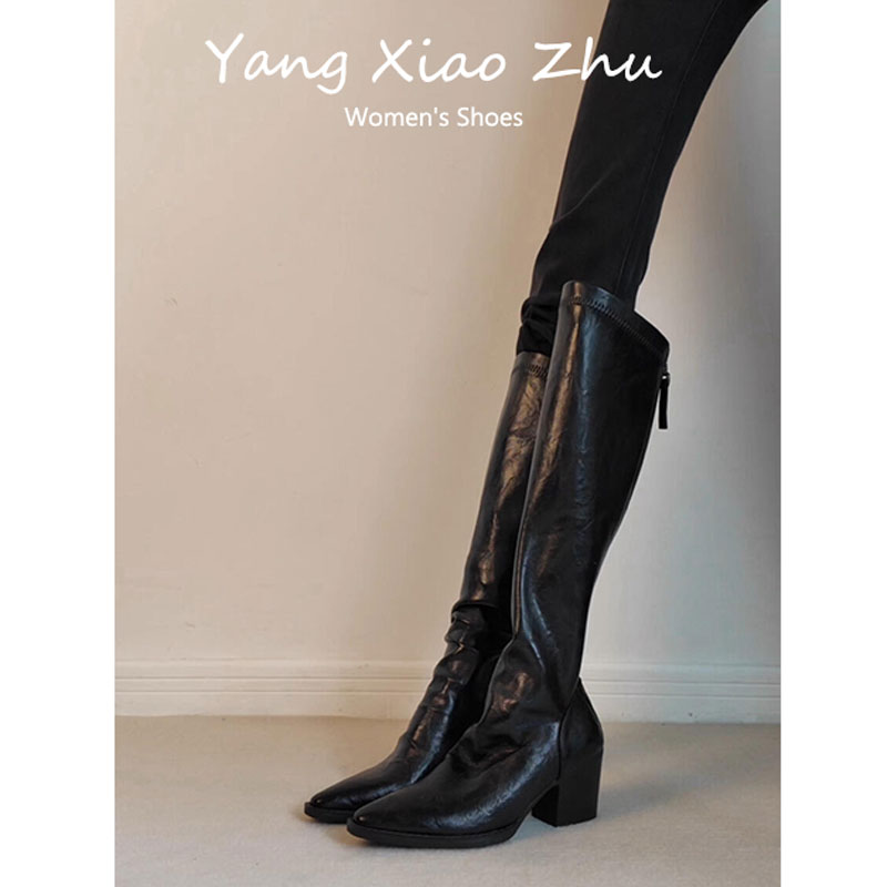 牛皮版~复古风不过膝高跟长靴女