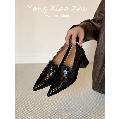 羊皮版~法式气质尖头粗跟乐福鞋