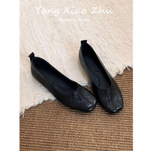 羊皮~复古方头浅口气质小单鞋女2026新款软底绝美不累脚平底鞋子