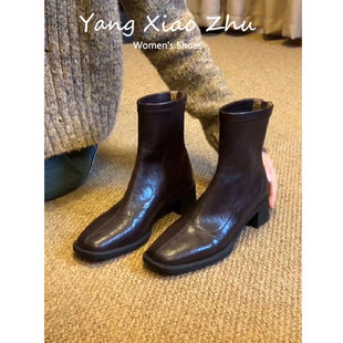 牛皮版~高跟短靴女2025秋冬新款方头马丁靴小个子法式粗跟瘦瘦靴