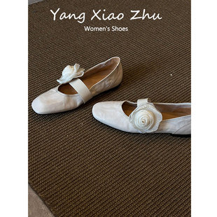 羊皮 气质花朵玛丽珍单鞋 女夏复古百搭一字带浅口平底芭蕾鞋 法式