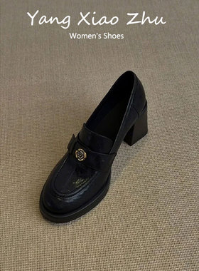 羊皮版~英伦风山茶花粗跟乐福鞋女黑色高跟小皮鞋一脚蹬中跟单鞋