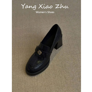 羊皮版~英伦风山茶花粗跟乐福鞋女黑色高跟小皮鞋一脚蹬中跟单鞋