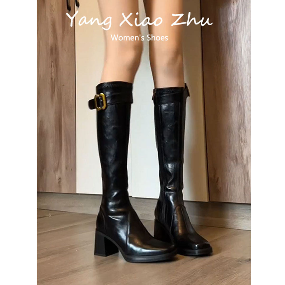 牛皮版~复古皮带扣显瘦高跟长靴