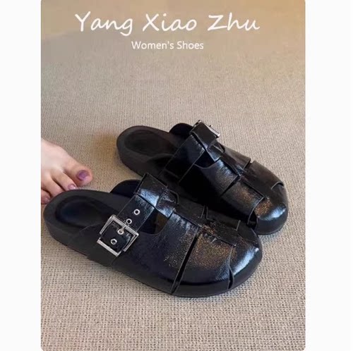 清仓价~真皮包头半拖鞋女夏一脚蹬绝美凉拖凉鞋缕空网面平底编织