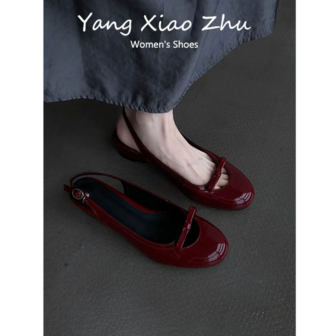 羊皮版~法式漆皮蝴蝶结包头凉鞋女夏后绊带甜美气质优雅平底凉拖