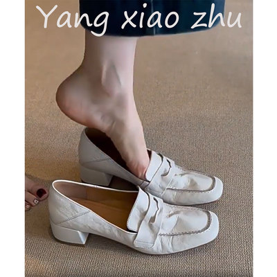牛皮法式一脚蹬高跟方头单鞋女