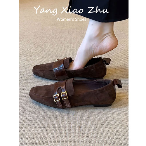 羊皮版复古方头皮带扣平底乐福鞋