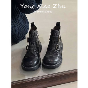 羊皮版~设计感复古皮带扣厚底短靴女英伦风粗跟百搭时装马丁靴子