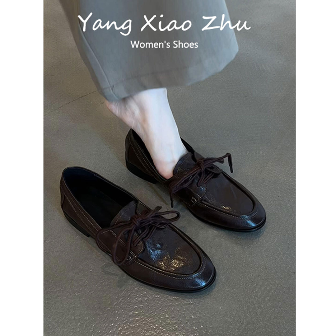 牛皮版~英伦风复古系带深口单鞋女圆头低跟乐福鞋百搭通勤小皮鞋