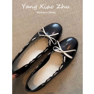 牛皮版~复古风圆头玛丽珍鞋女内增高蝴蝶结系带单鞋百搭芭蕾舞鞋