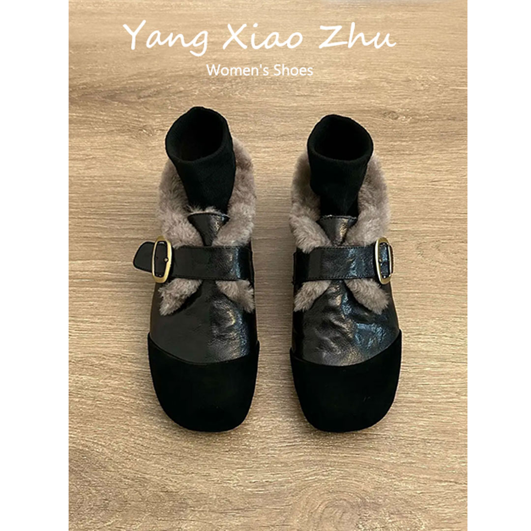 羊皮版~复古风圆头毛毛玛丽珍鞋