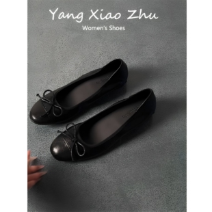 羊皮~蝴蝶结圆头玛丽珍鞋内增高软底百搭平底芭蕾舞春秋黑色单鞋