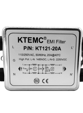 KTEMC KT121-20A单相双极增强型220V/250V EMI/EMC交流电源滤波器