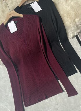 真丝v领坑条毛衣羊毛衫女秋冬显瘦55桑蚕丝针织长袖打底衫上衣女