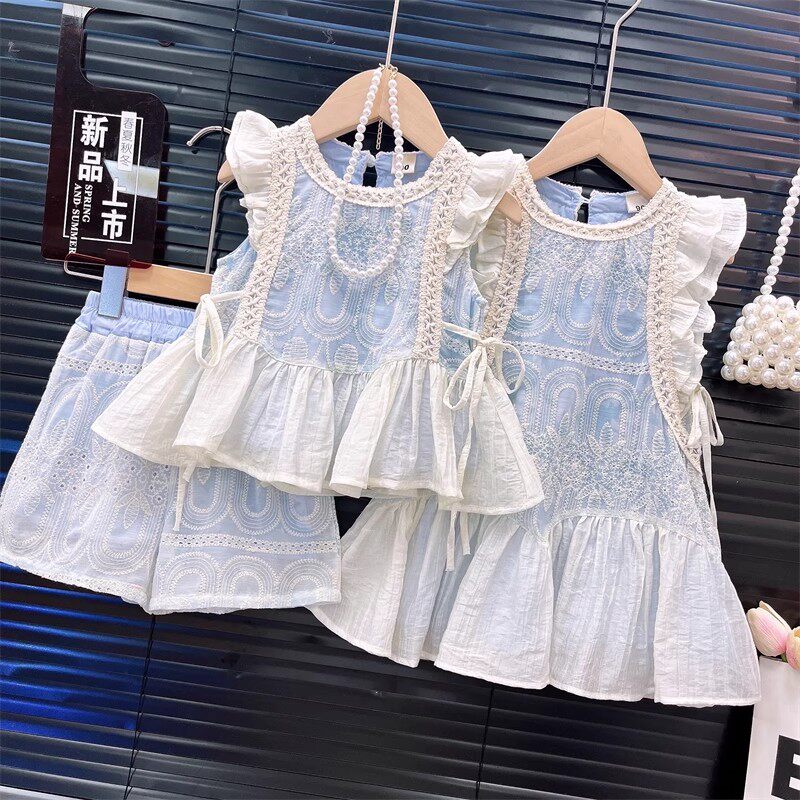 女童拼接缕空洋气套装2025夏季新款宝宝小香风蕾丝上衣短裤两件套