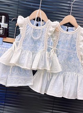 女童拼接缕空洋气套装2025夏季