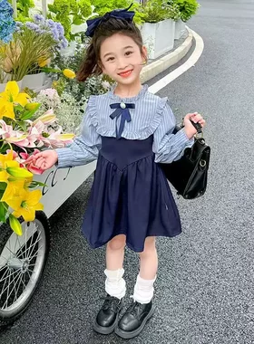 女童长袖条纹拼接连衣裙2026