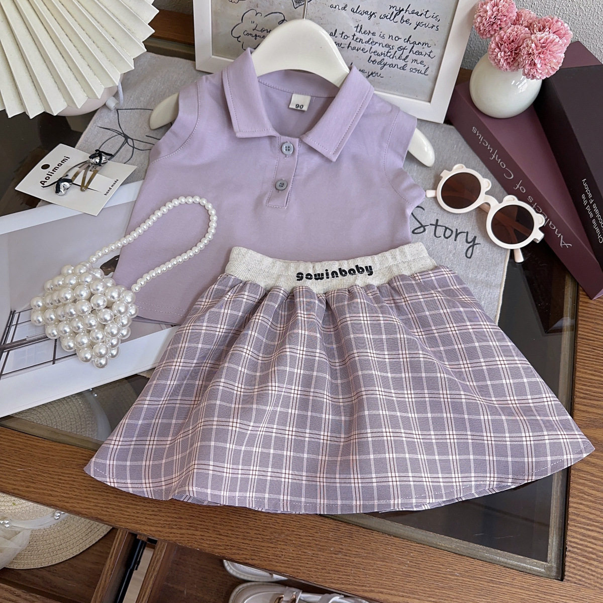 女宝宝纯棉上衣格子短裙两件套2025新款韩版女童学院风高端套装潮